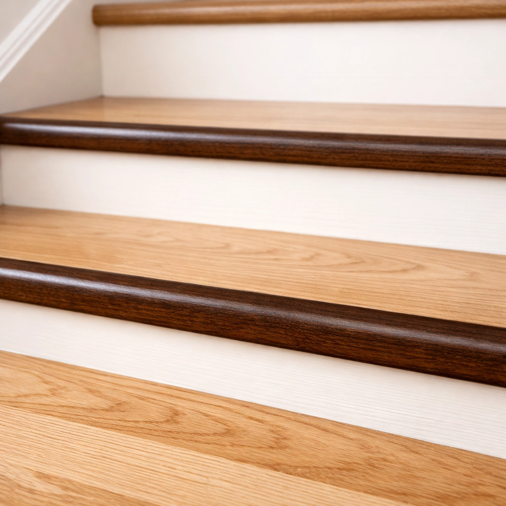 Hardwood stairs with high-contrast dark wood edging to improve depth perception and step safety for seniors.