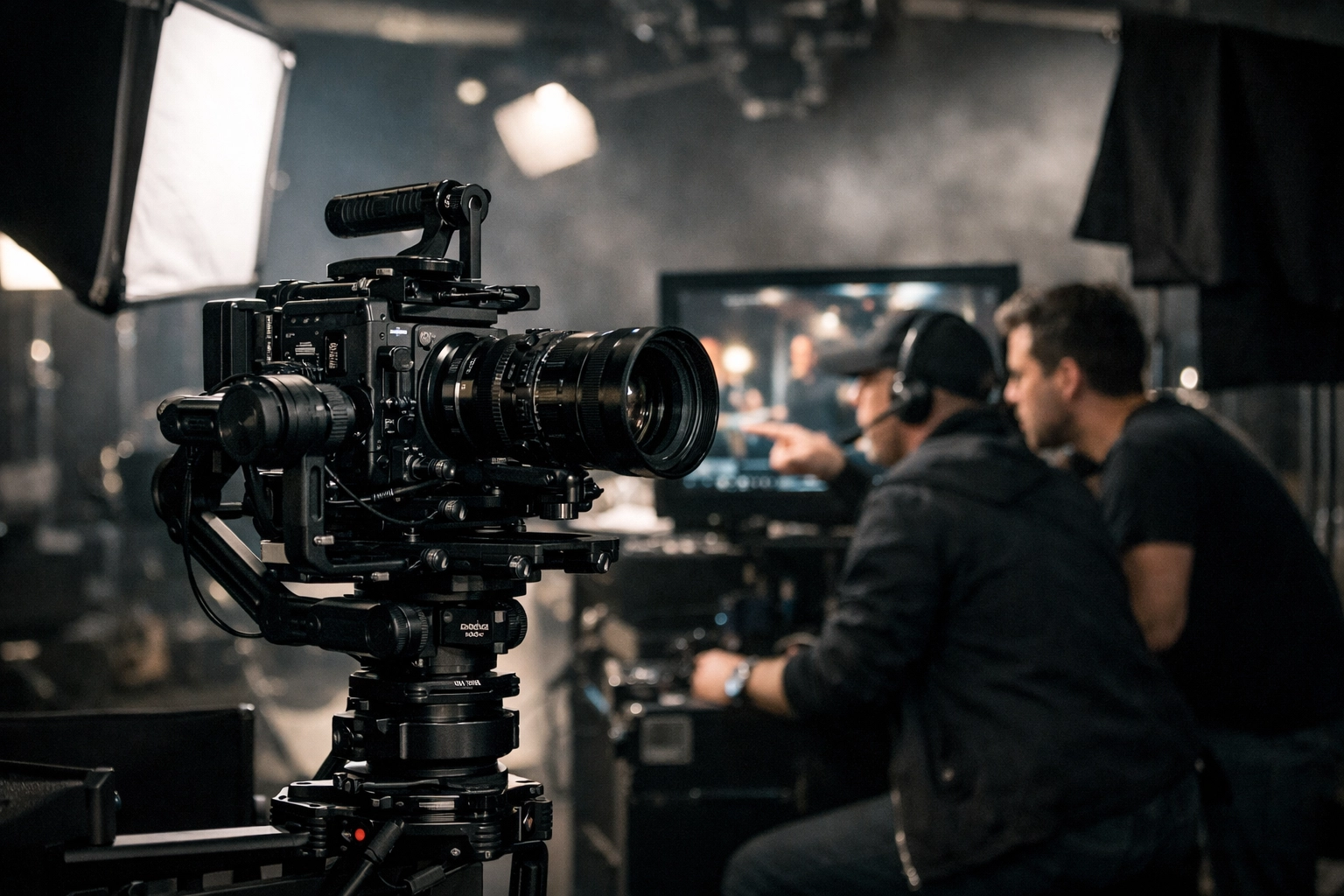 Professional film production crew using a cinema camera in a high-tech media studio.
