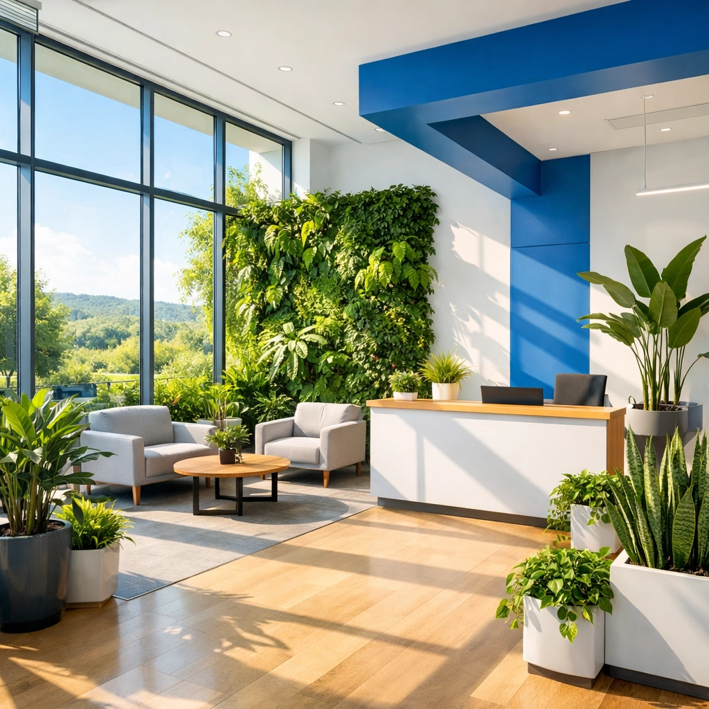 Eco-friendly office lobby in Sharon with clean windows and healthy indoor plants for a fresh workspace.