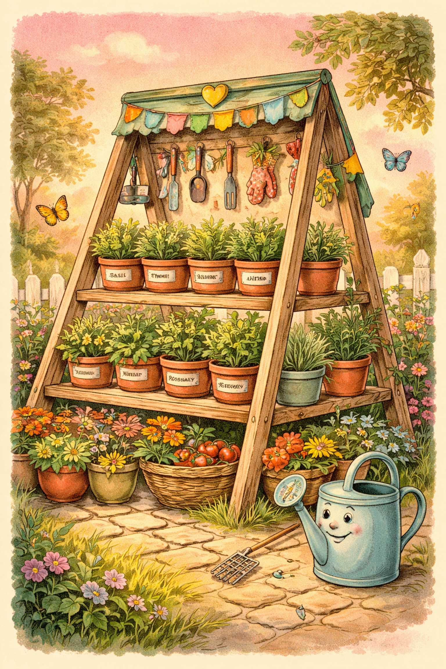 Hand-drawn image of a decorated A-frame garden with hanging garden tools, herb pots, and a watering can, set in a wholesome, colorful sunset scene.