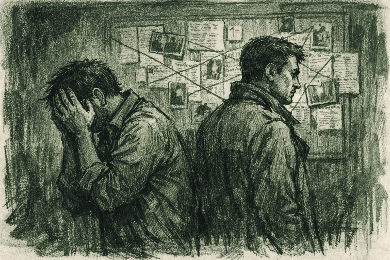 MM couple standing back-to-back, one investigating clues - gay thriller depicting relationship isolation