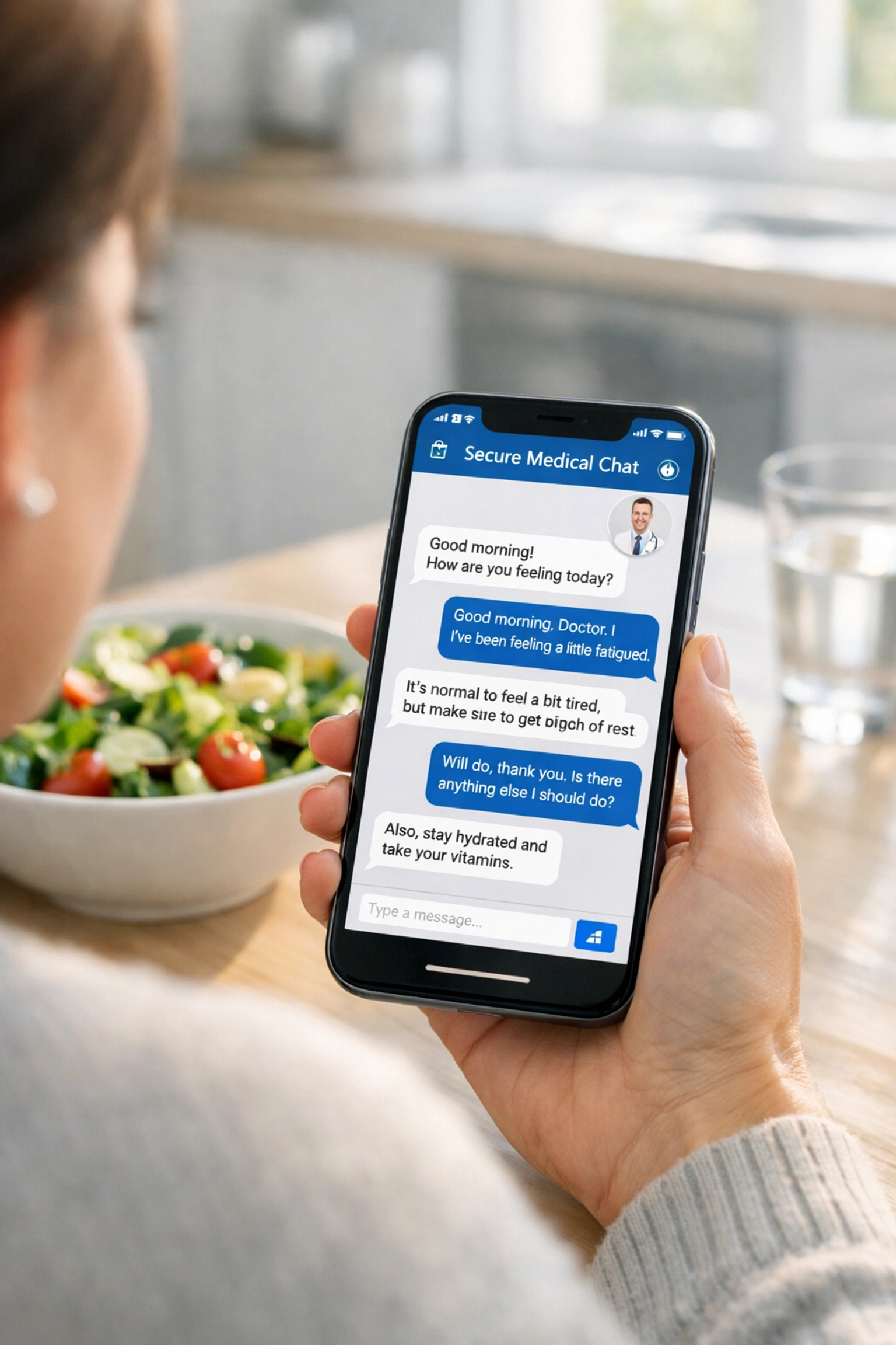 Person texting with an online doctor about weight loss medication via a secure medical chat at home.