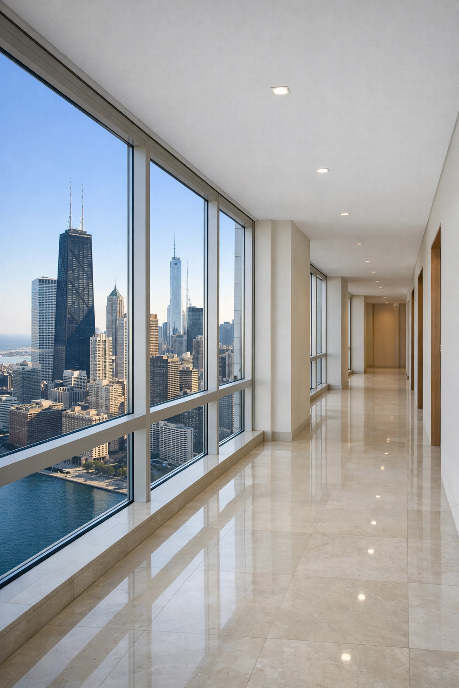 Polished luxury apartment corridor in a Chicago high-rise showcasing professional property cleaning standards.