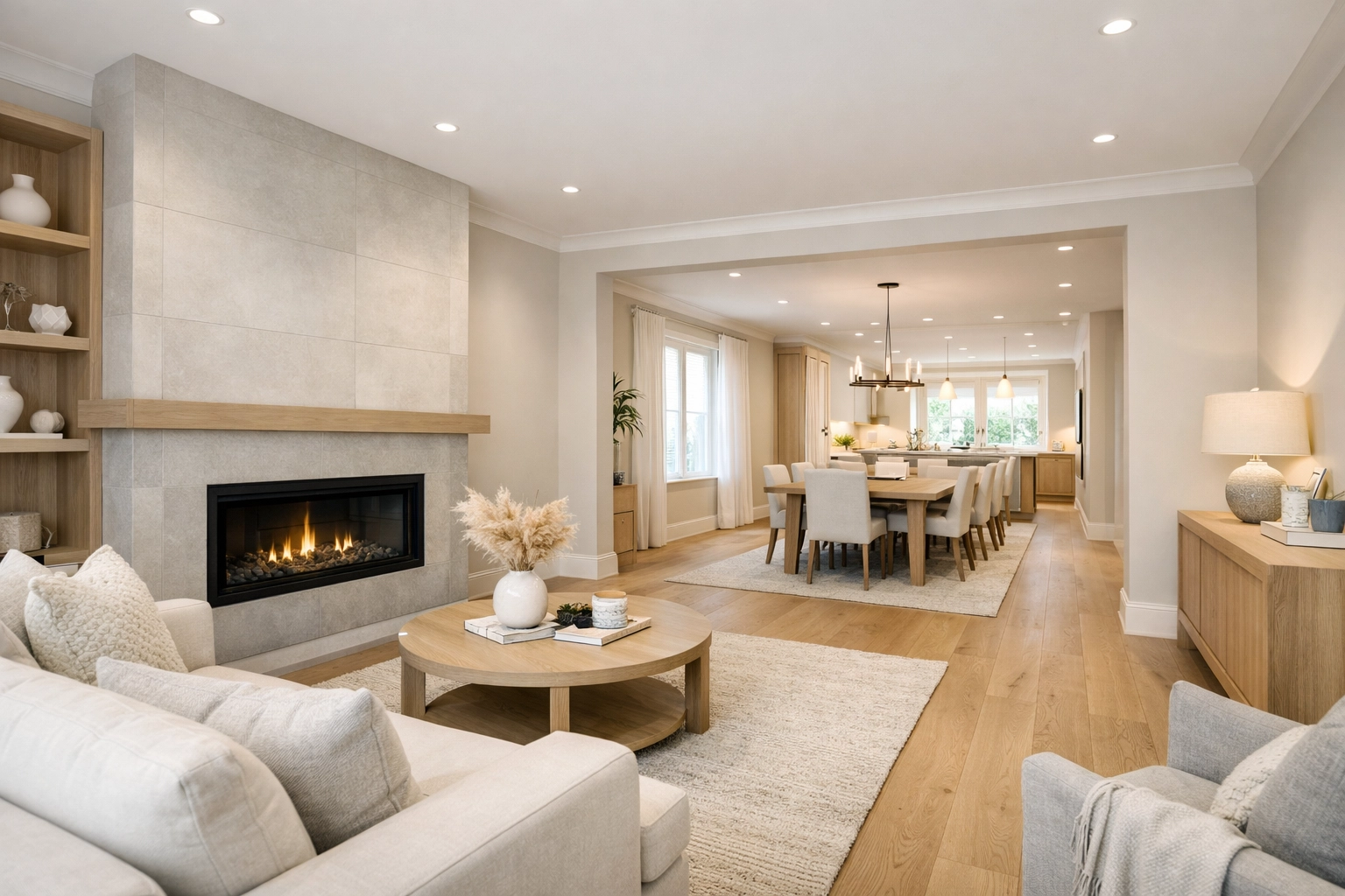 Open-concept main floor layout after home renovations Red Deer with living and dining areas