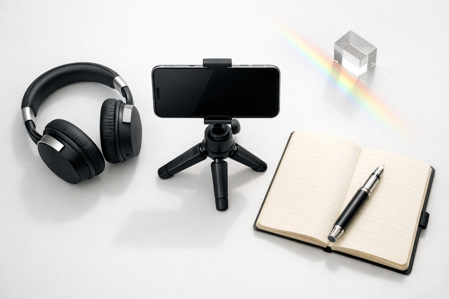 Top-down view of a creator workspace with tools for an organized multi-platform social media distribution strategy.