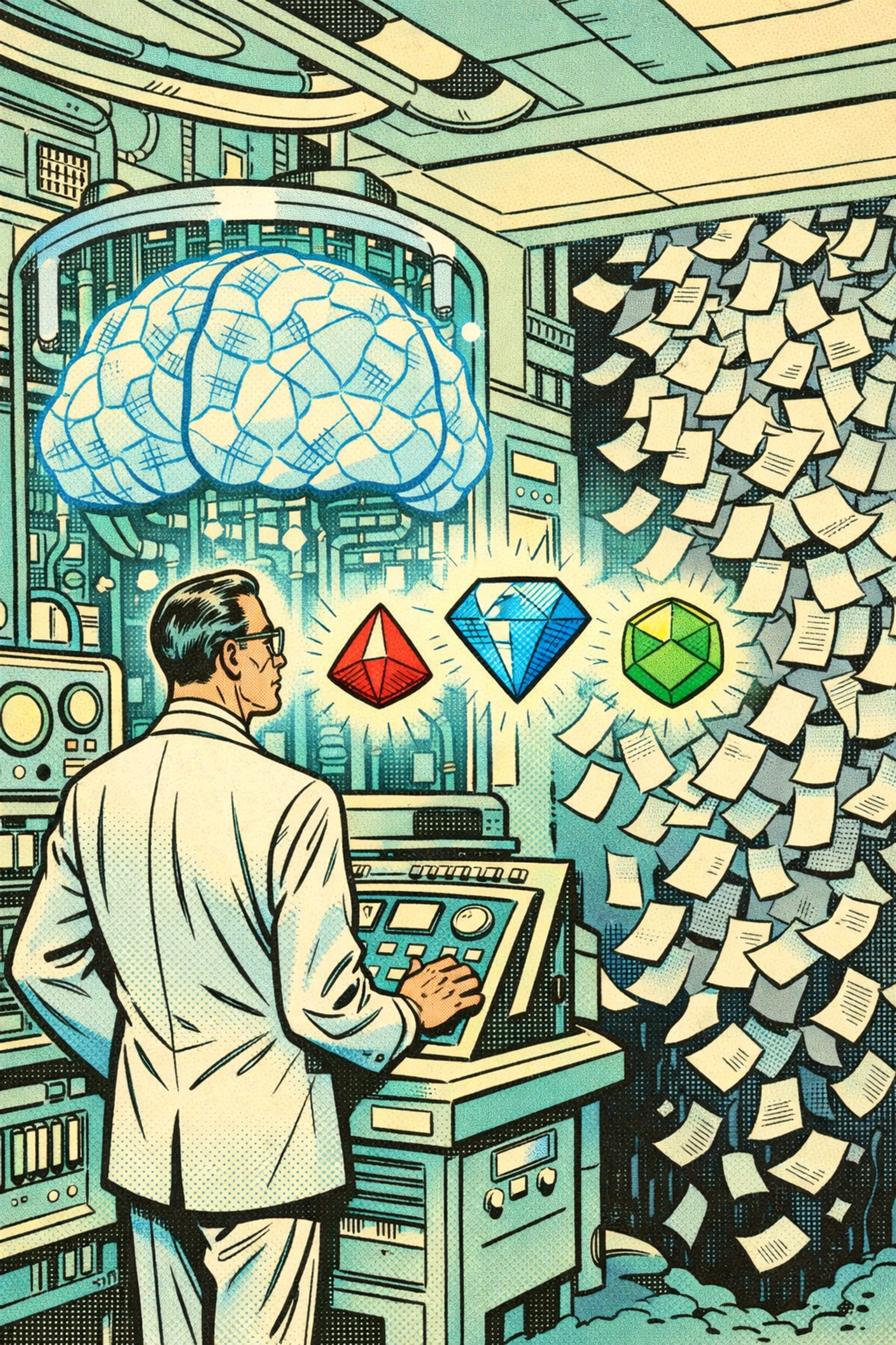 Futuristic illustration of AI selecting a curated vendor shortlist over traditional B2B search results.