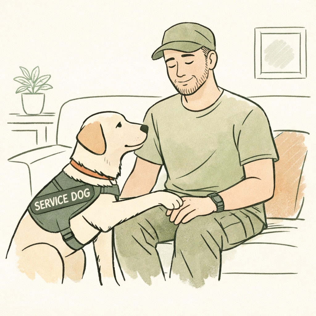 Service dog performing grounding technique to comfort veteran with PTSD indoors