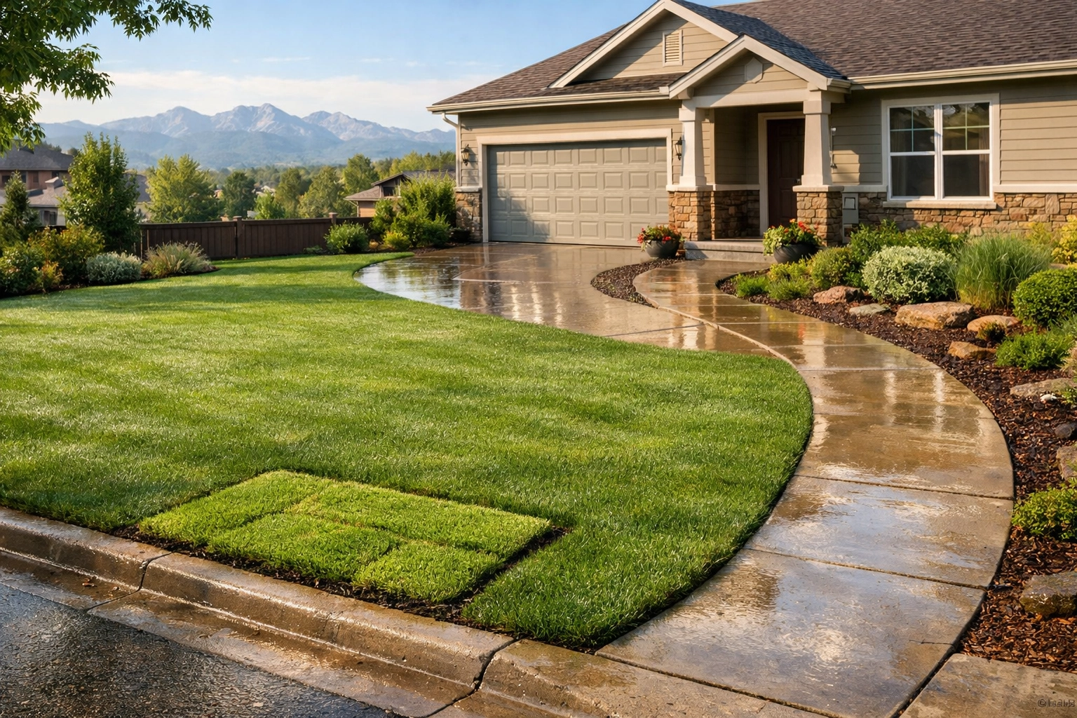 A clean, restored Denver yard showing minimal impact after a trenchless sewer line replacement.