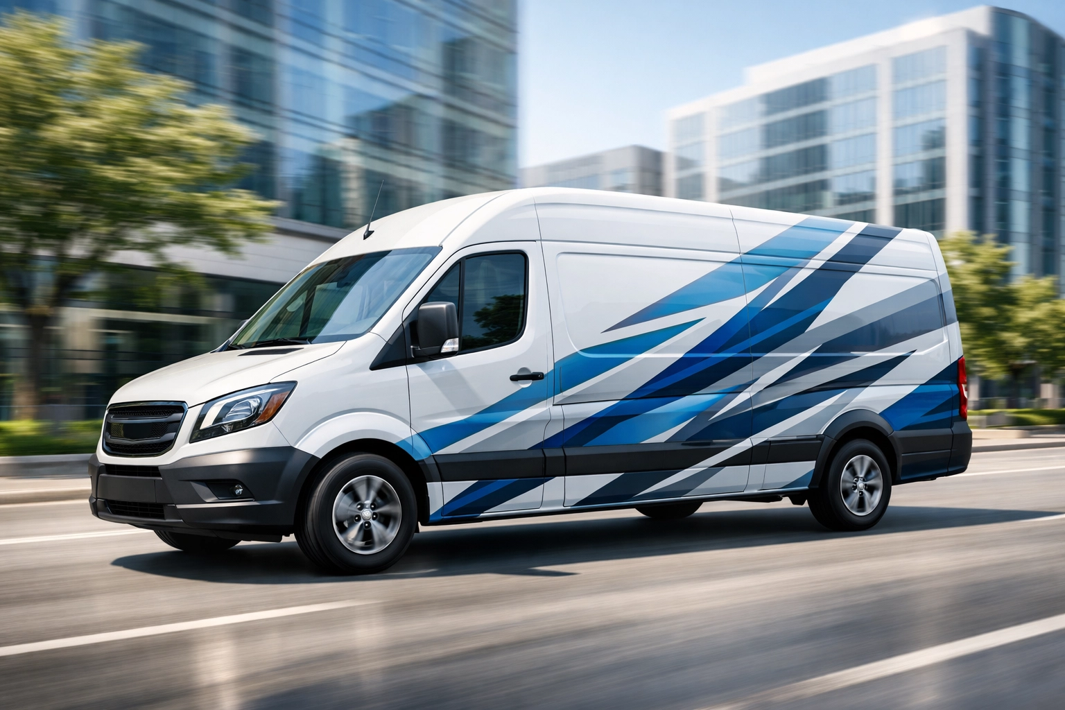 Modern transit van with professional graphics driving through a city, showcasing high-impact mobile fleet branding.