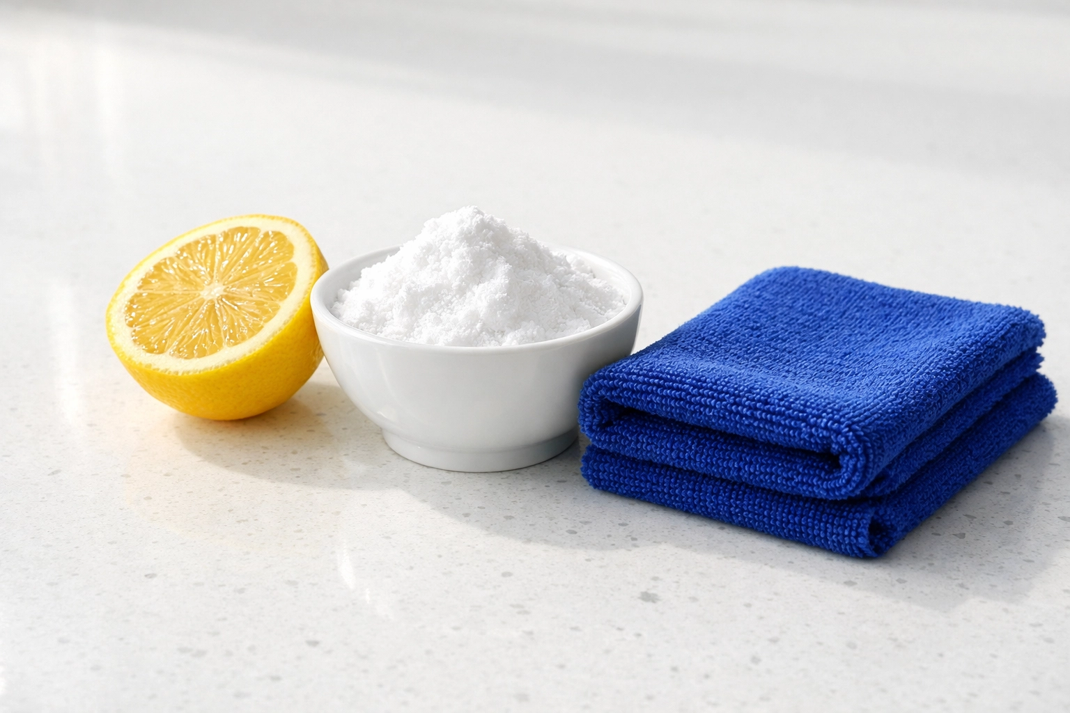 Fresh lemon and baking soda with a microfiber cloth for removing stubborn food stains from containers.