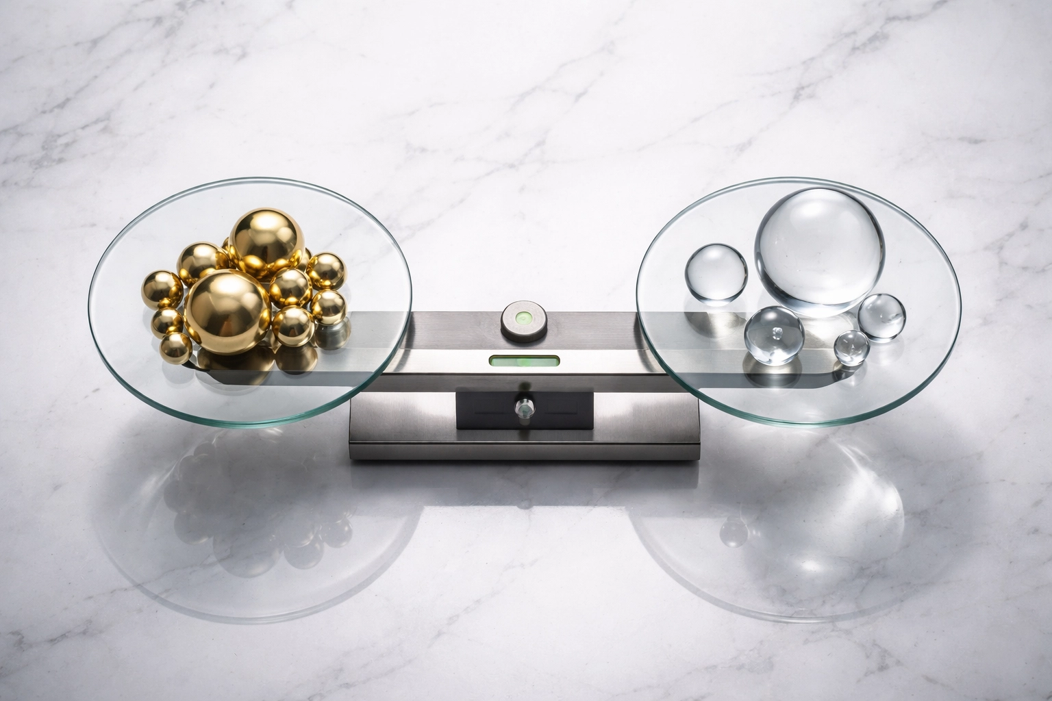 Precision balance scale with metallic spheres symbolizes balanced, risk-adjusted asset allocation