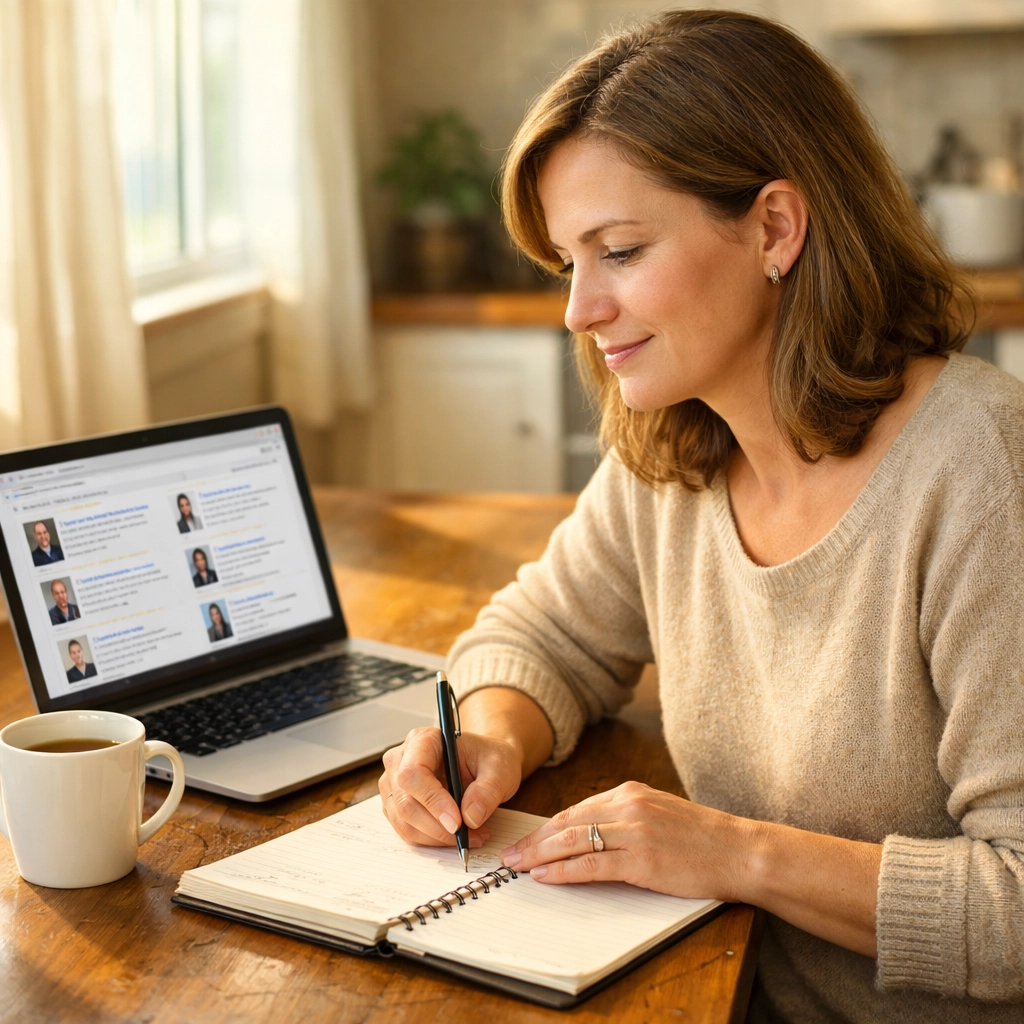 Parent researching custody lawyers in Fredericksburg VA at home with laptop and notes