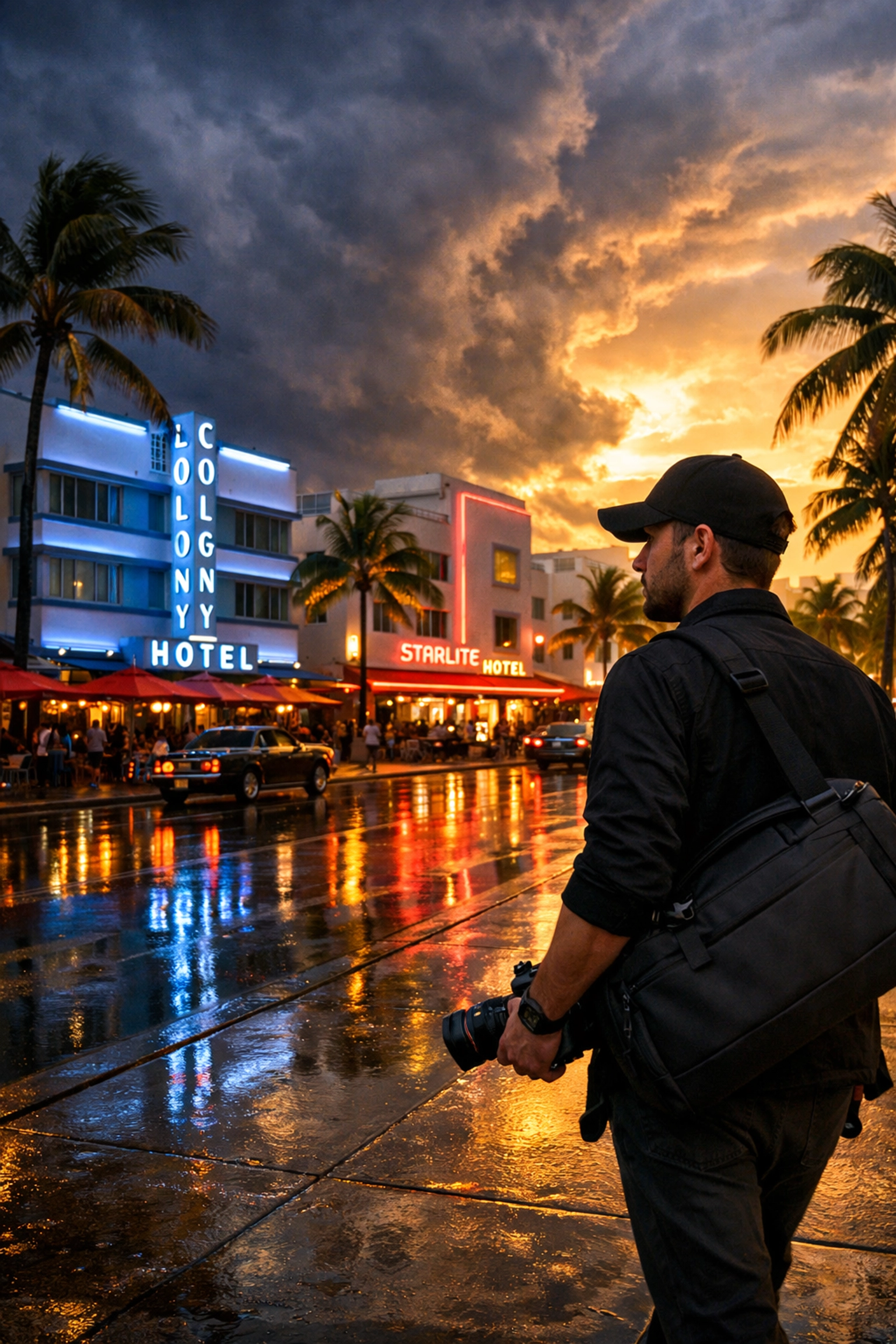 A professional photographer navigating Miami Beach Art Deco architecture during magic hour.