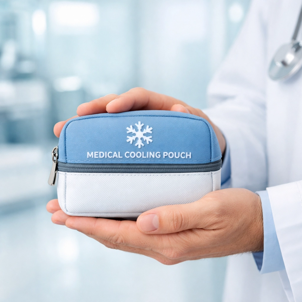 Healthcare provider holding a medical cooling pouch for GLP-1 weight loss injection treatments.