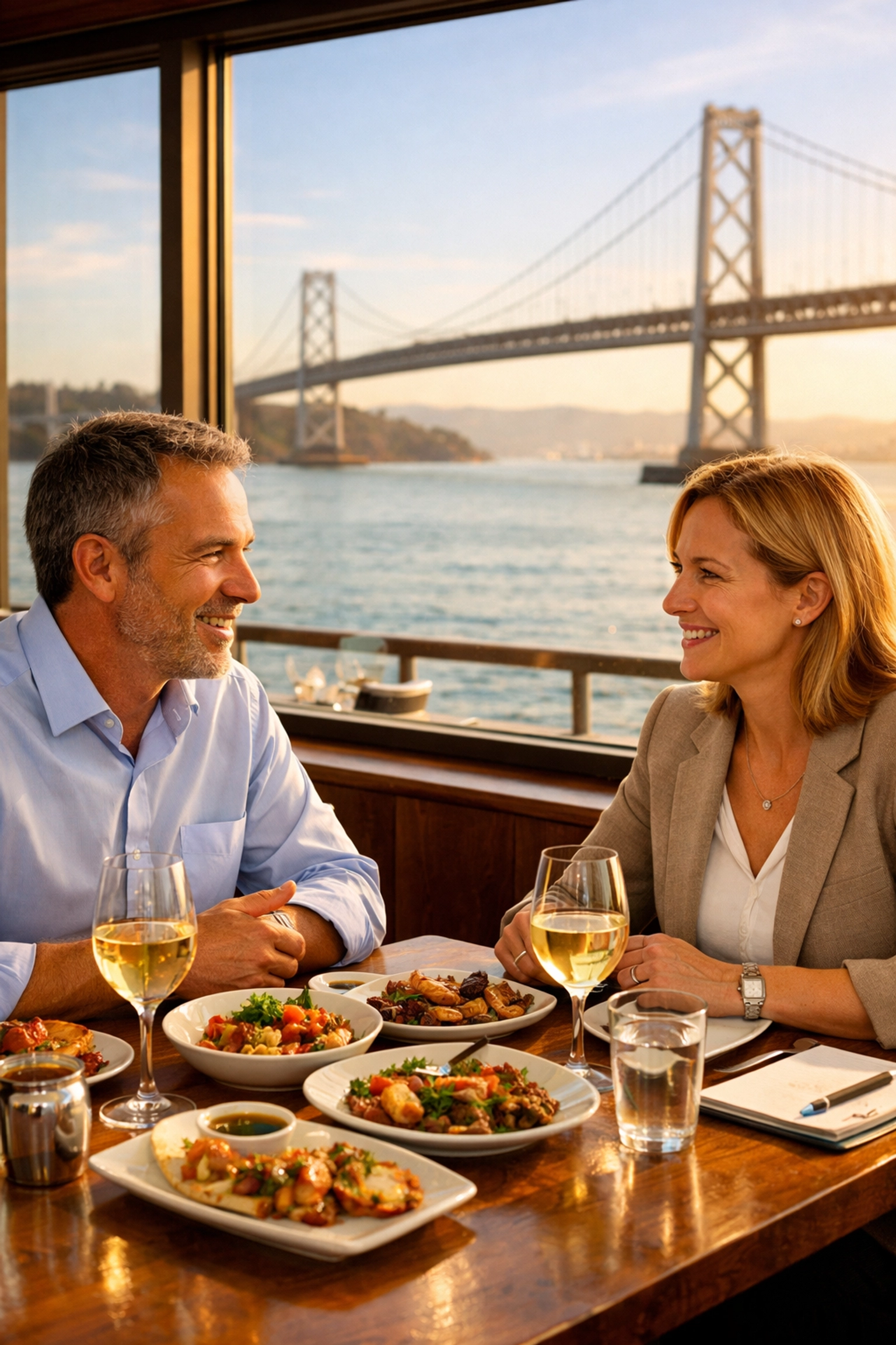 Business professionals enjoying power lunch at Arquet waterfront restaurant with Bay Bridge view