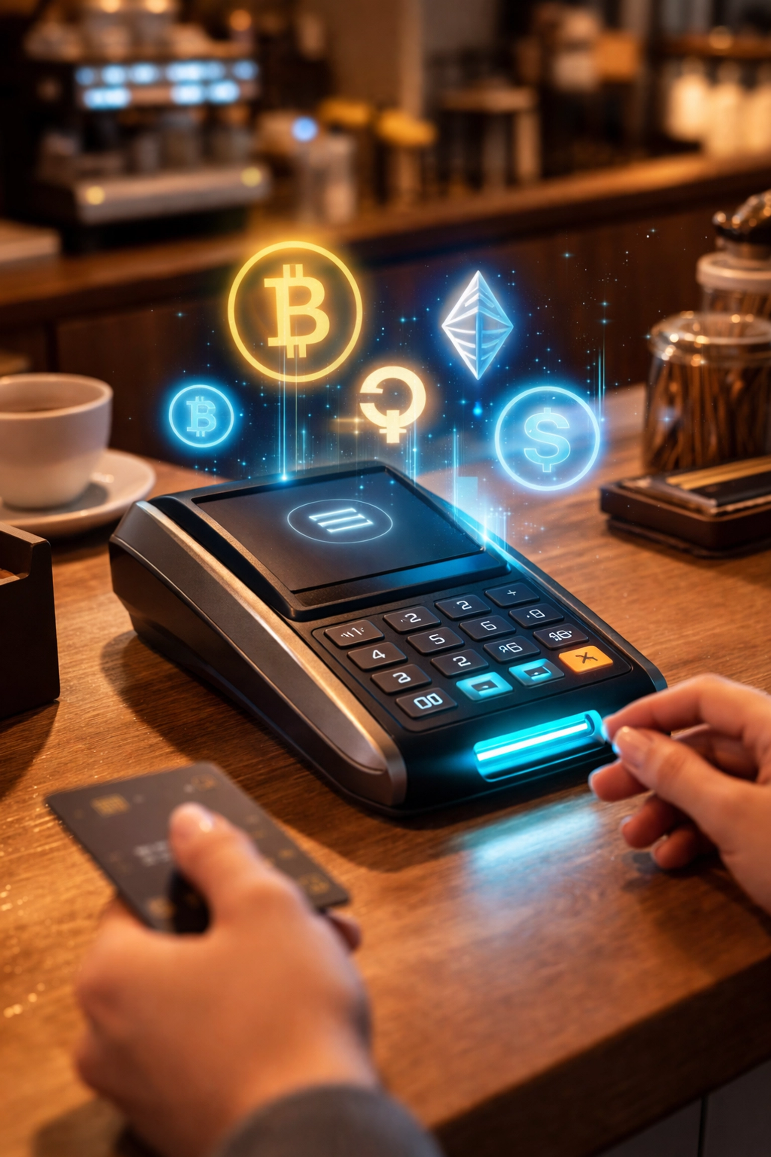 A small business owner uses a modern crypto point-of-sale system with digital currency symbols, highlighting convenient Web3 payments.
