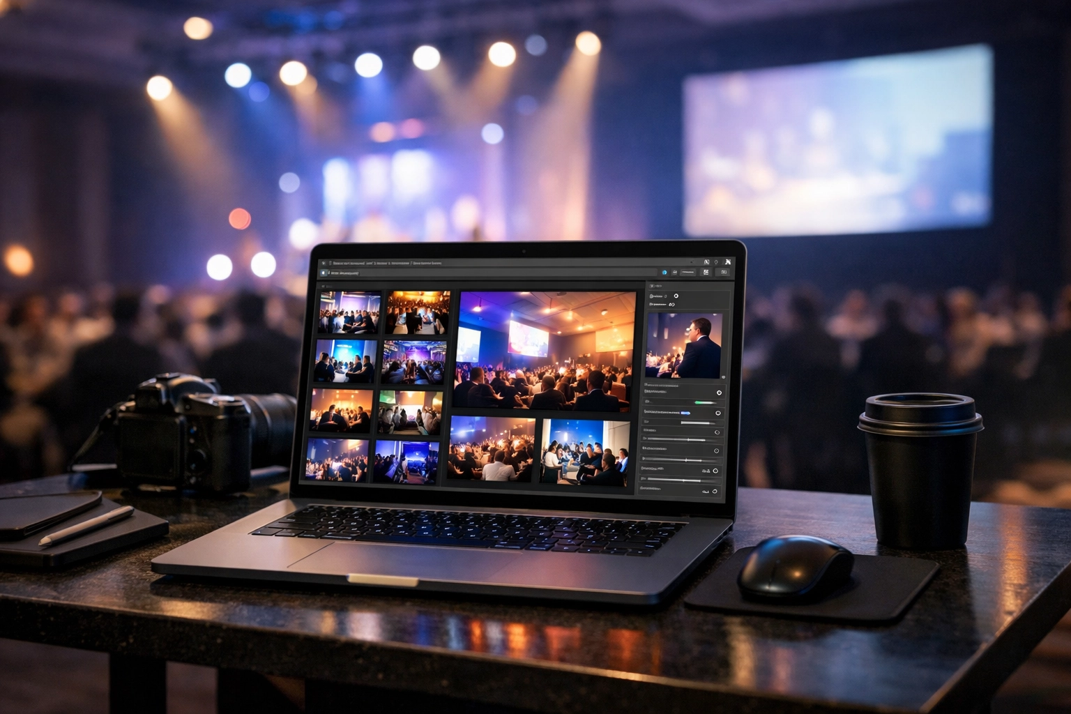 Digital workflow of a conference photographer Miami editing event photos on-site for fast delivery.