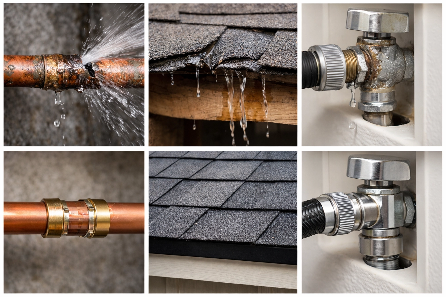 Before and after photos of burst pipe, roof leak, and appliance repairs preventing water damage