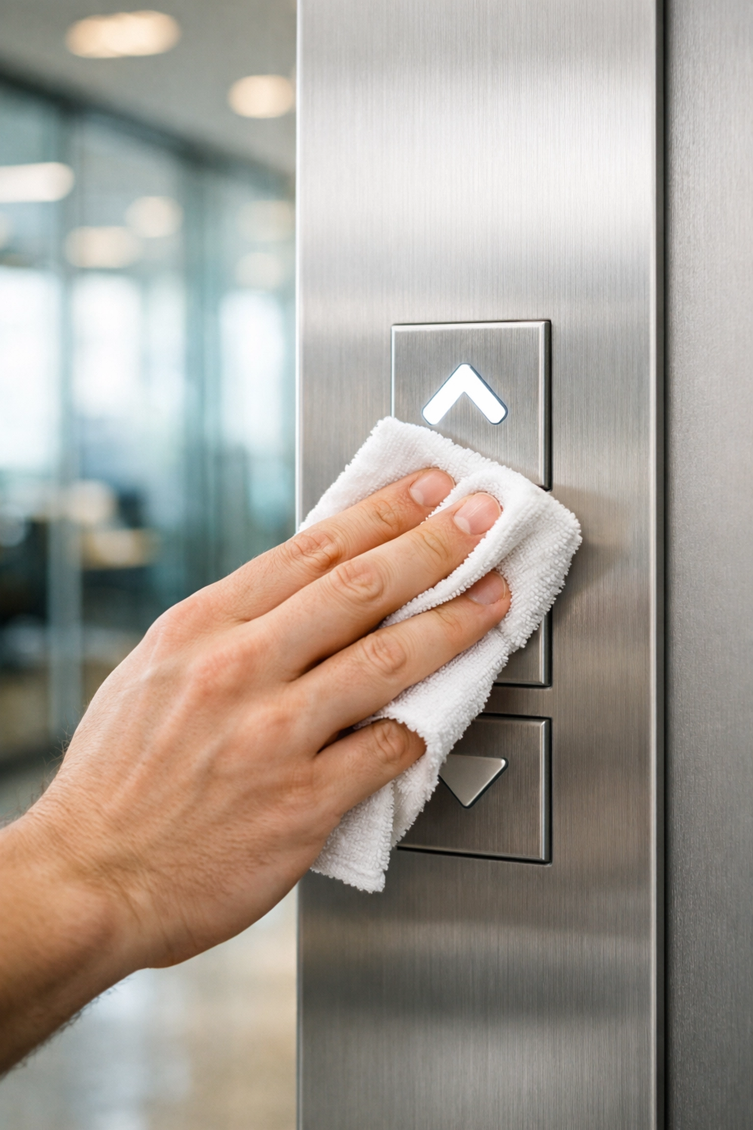 Disinfecting high-touch elevator buttons in a modern Indianapolis commercial building.