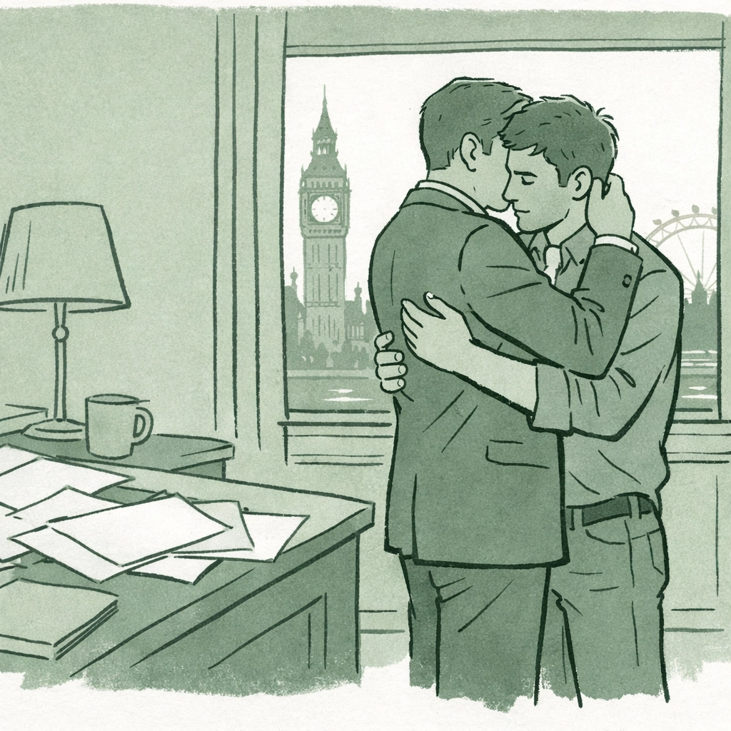 MM romance: Two men embrace in parliamentary office risking careers for forbidden love