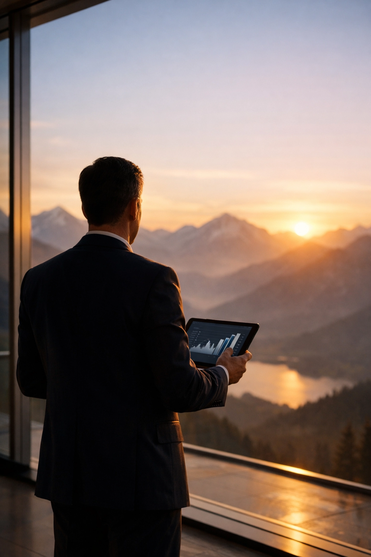 Business owner reviewing retirement plan options with mountain view at sunrise