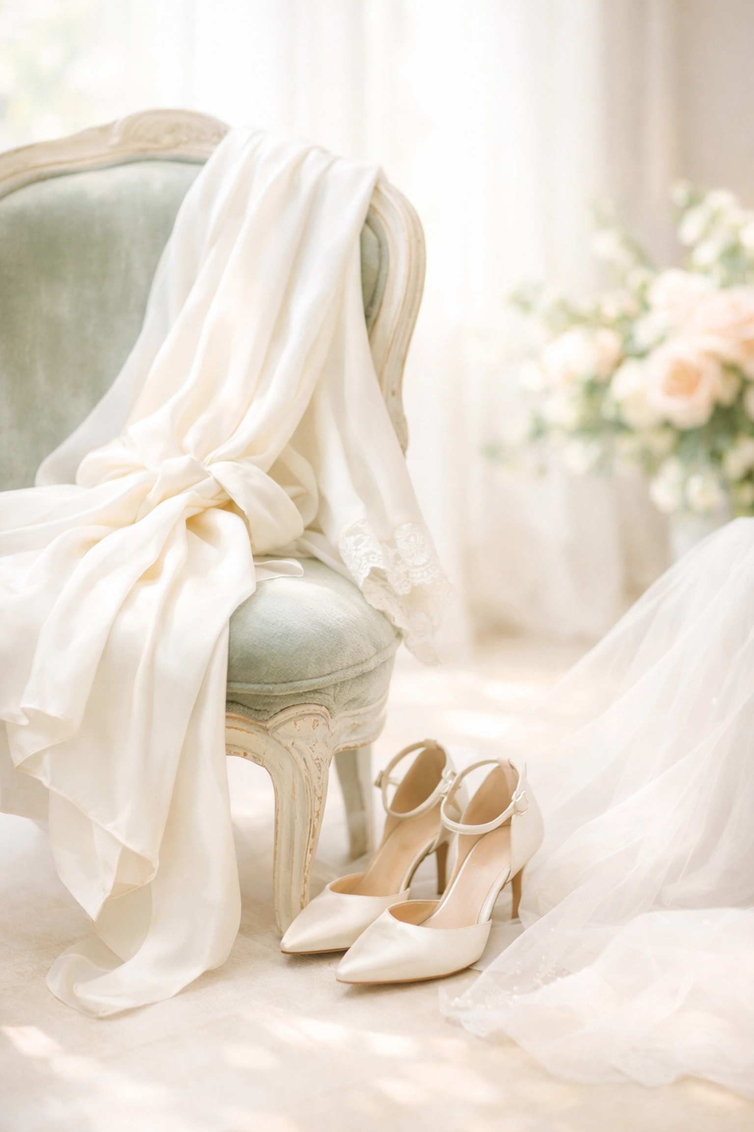 Silk bridal robe and satin wedding shoes draped on a vintage chair for pre-wedding preparation.