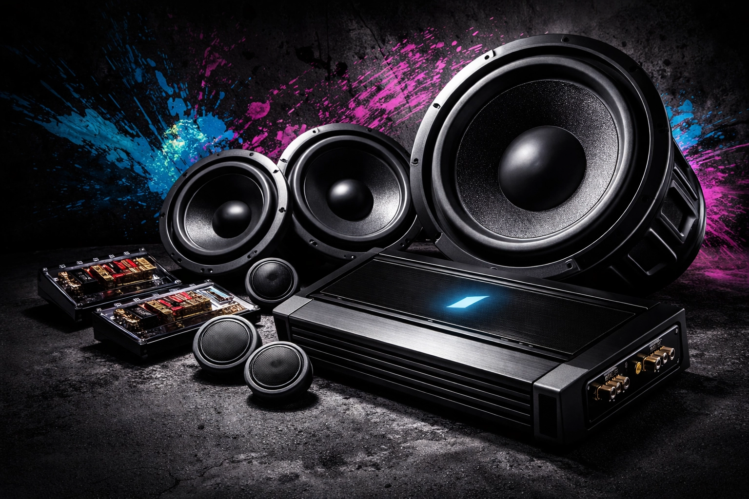 Premium car audio system components, amplifier, speakers, subwoofer, showcased for Team Nutz custom installations