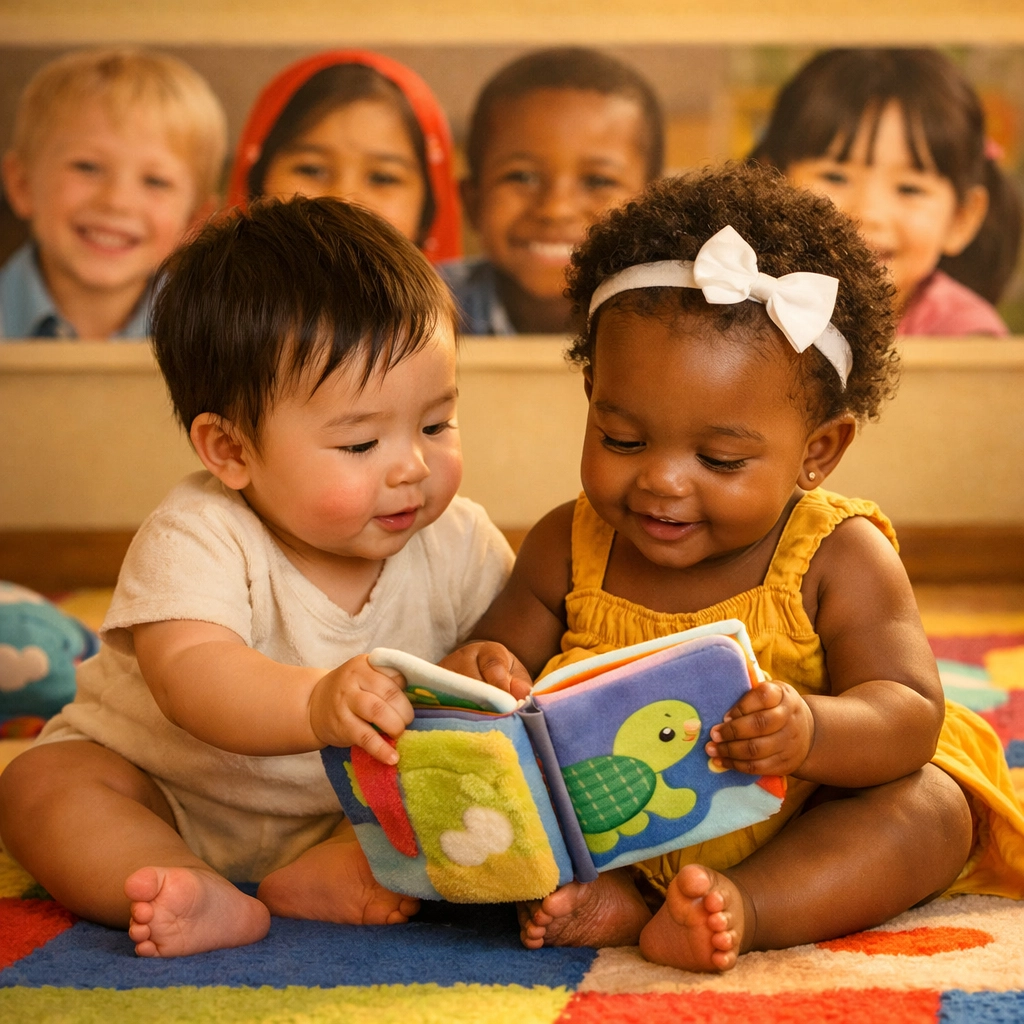 Infants of diverse backgrounds playing and sharing a book together at our inclusive Liverpool childcare centre.