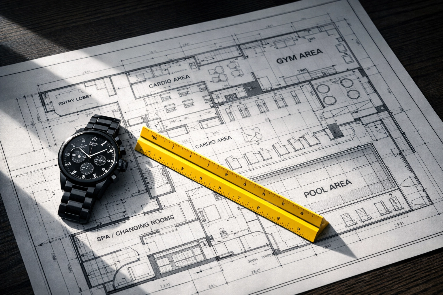 Blueprints for a fitness facility symbolizing the Fitness Growth Lifecycle and strategic planning.
