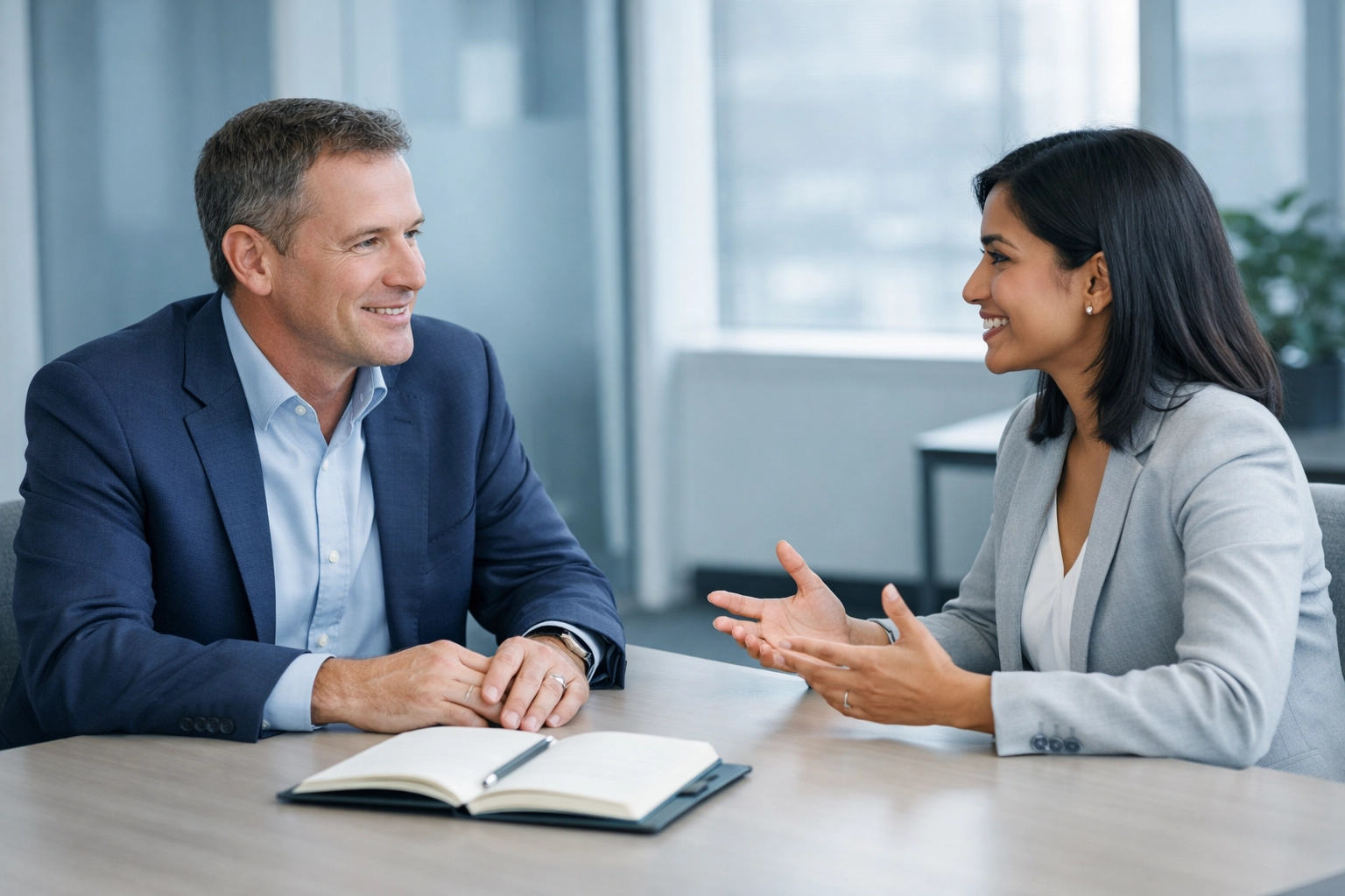 Two business professionals in a calm, face-to-face conversation, emphasising human-to-human leadership.