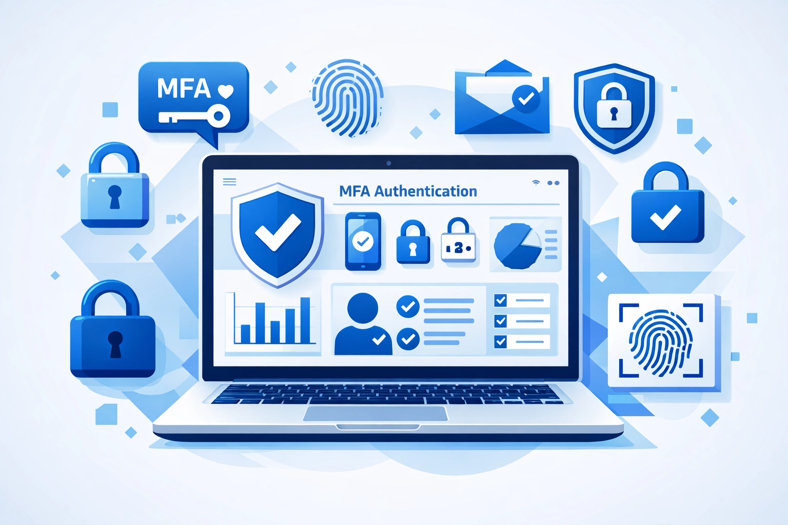 Security dashboard displaying multi-factor authentication and cybersecurity controls