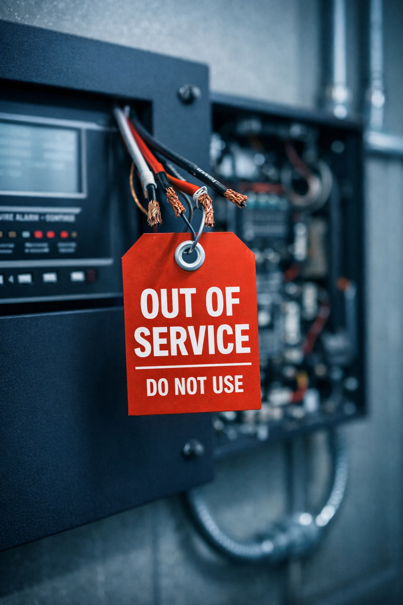 Fire alarm control panel with disconnected POTS line wiring and out of service tag
