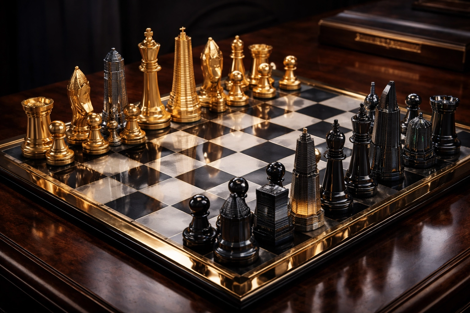 Chess board pieces transforming into city buildings, symbolizing private equity diversification strategy