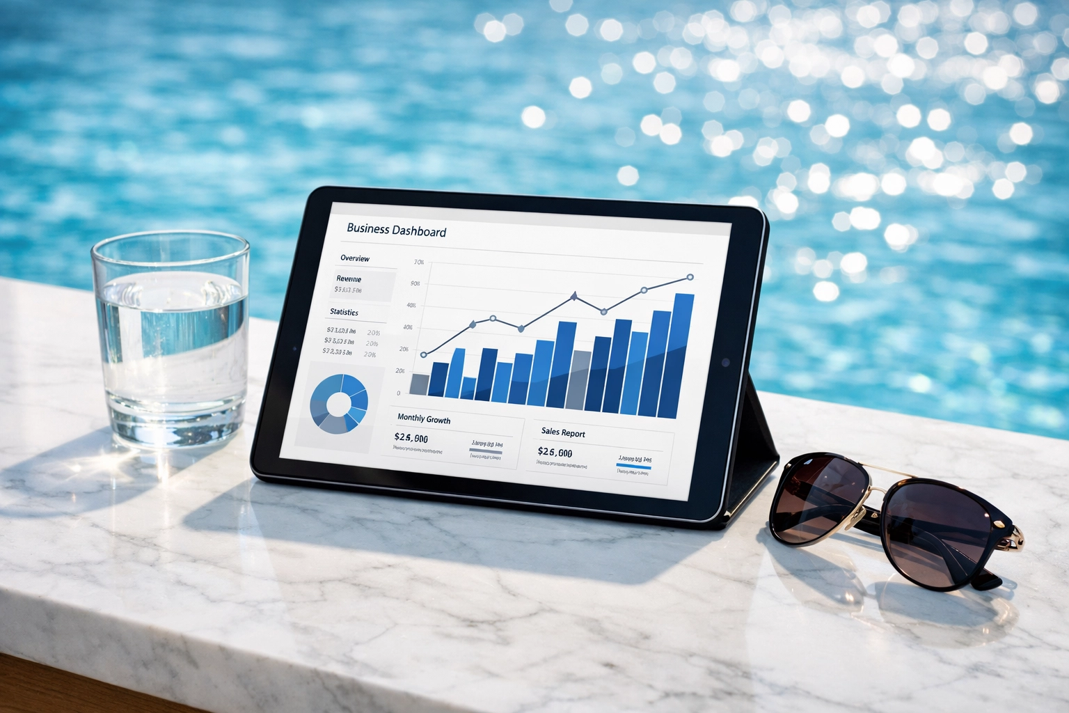 Digital tablet showing growth charts by a pool, highlighting the importance of records in pool route valuation.