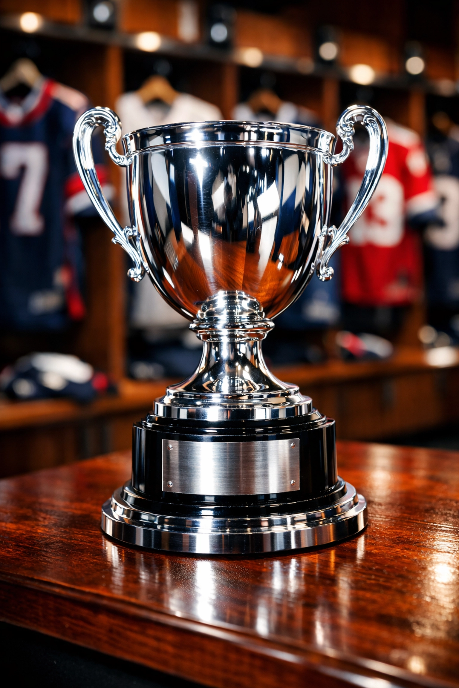 Gleaming silver championship trophy in a locker room representing the rewards of elite preparation and hard work.
