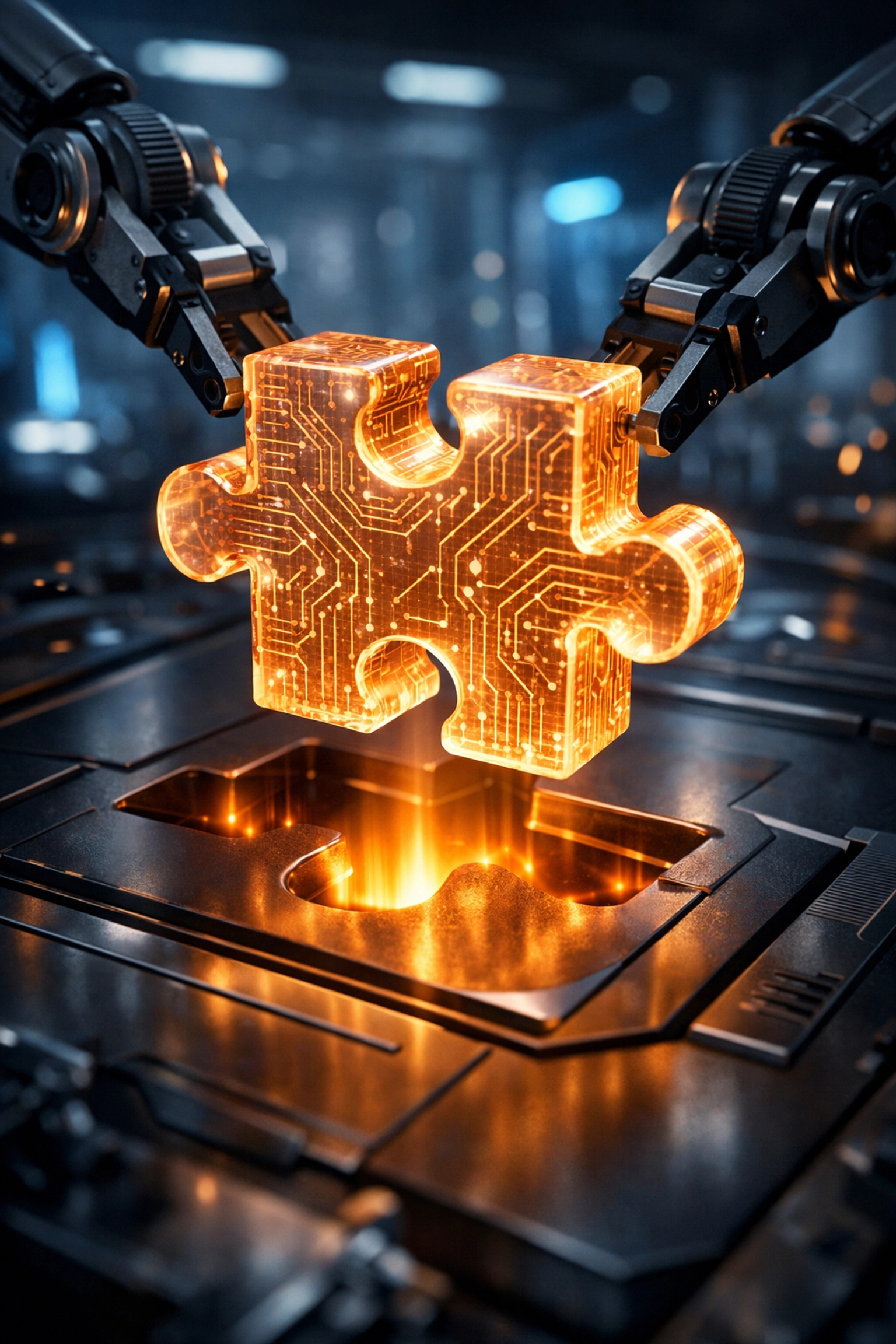 Robotic arms fitting a custom circuit piece representing bespoke AI automation and software development solutions.