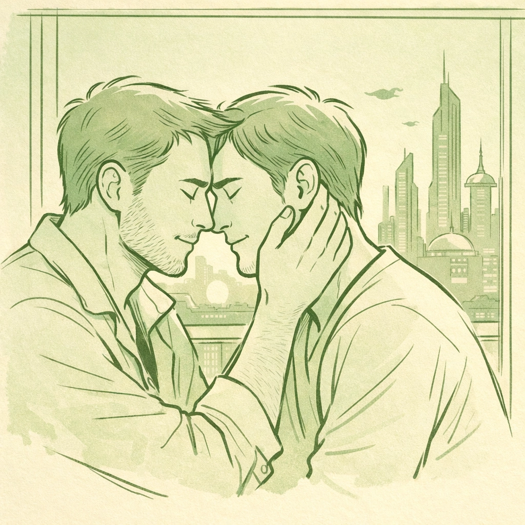 Intimate MM romance moment between male protagonists in futuristic setting - gay love story