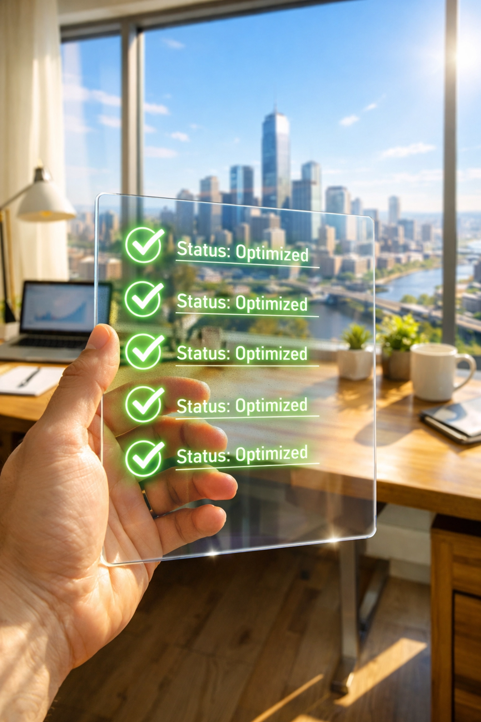 A tablet displaying a fully optimized website status report for a business focused on local search optimization.