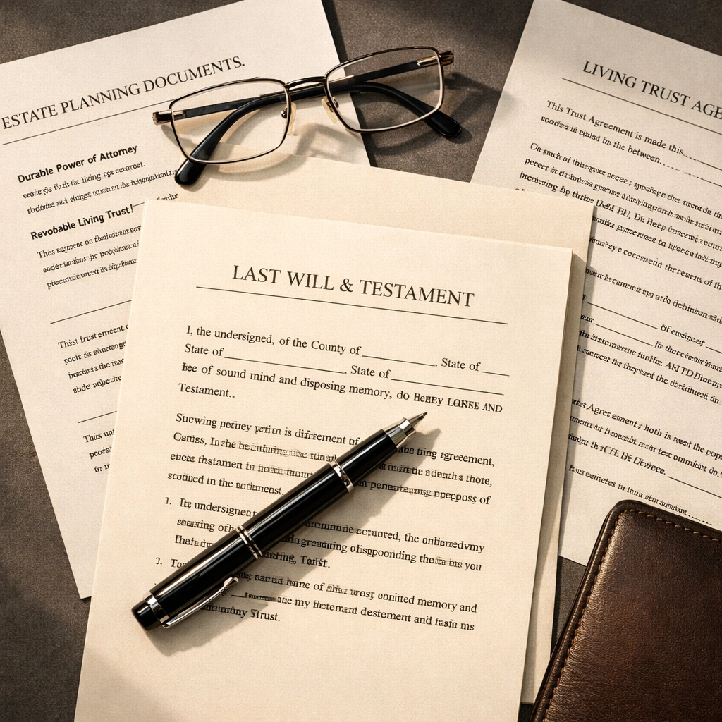 Estate planning documents with pen and glasses on professional desk workspace
