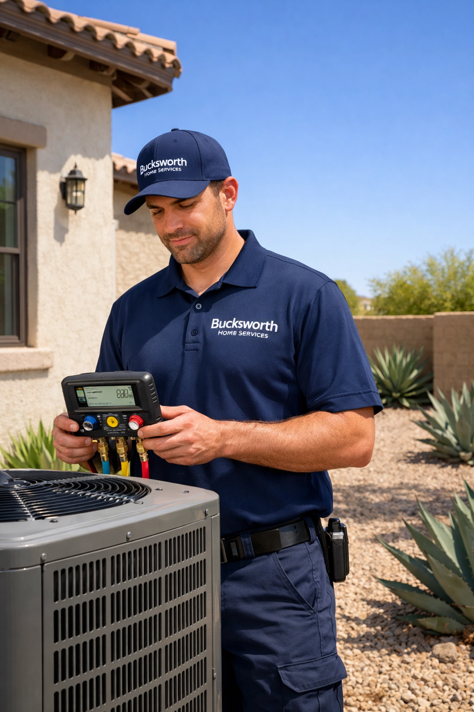 Bucksworth HVAC technician performing expert AC repair in Phoenix AZ Arcadia neighborhood.