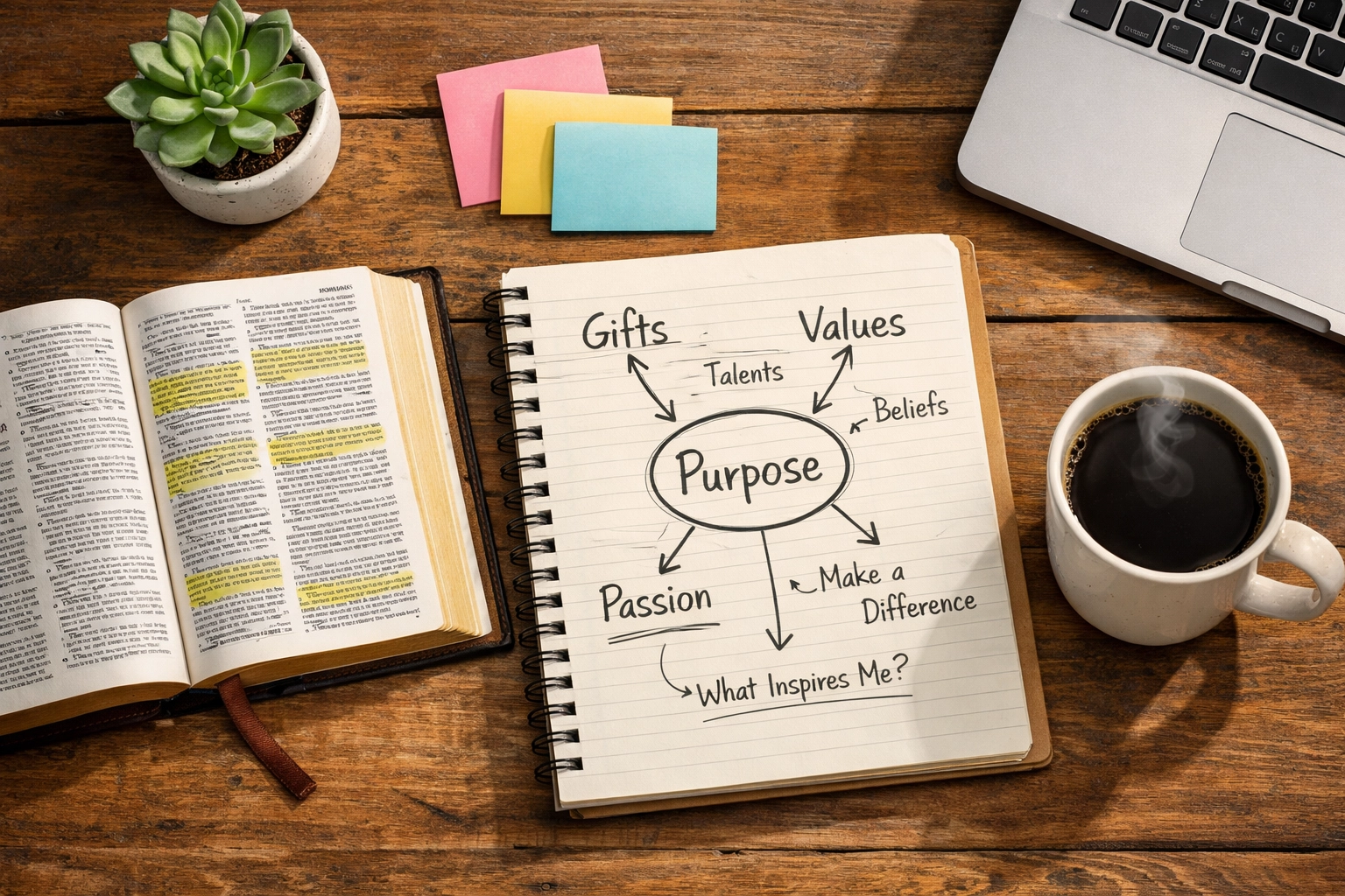 Bible and notebook mapping spiritual gifts, values, and purpose for Christian personal growth