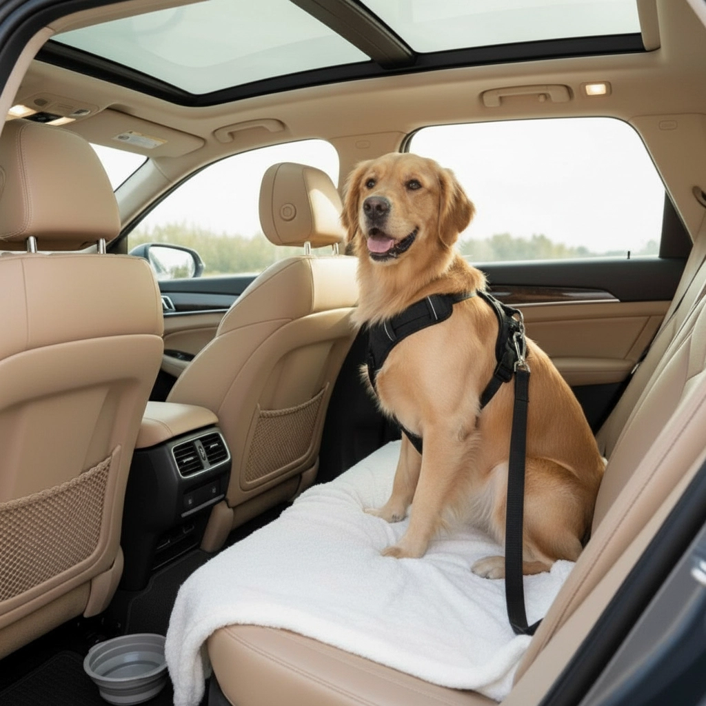 Safety first for friends — Golden retriever in a black harness secured to back seat with dog seat belt; tan leather seats, sunroof; grey collapsible bowl on floor.