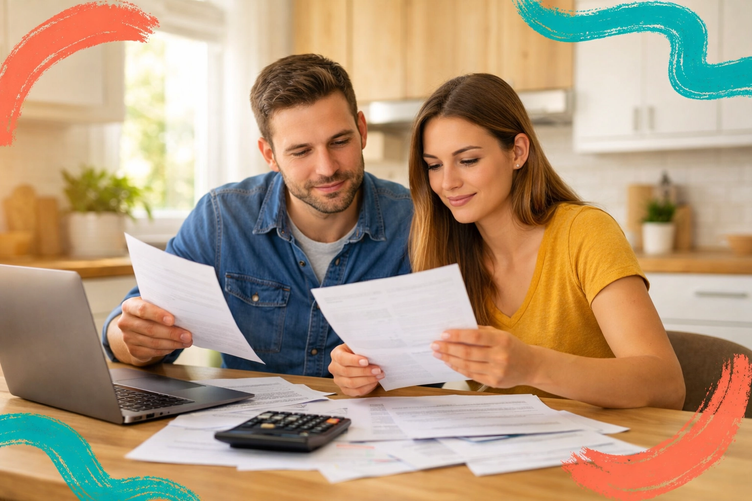 Couple reviewing home buying budget documents and calculator at kitchen table in Arizona