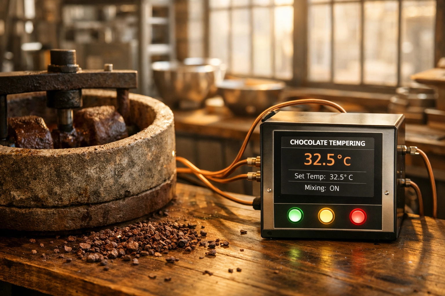 Modern chocolate workshop with traditional stone grinder and digital control panel