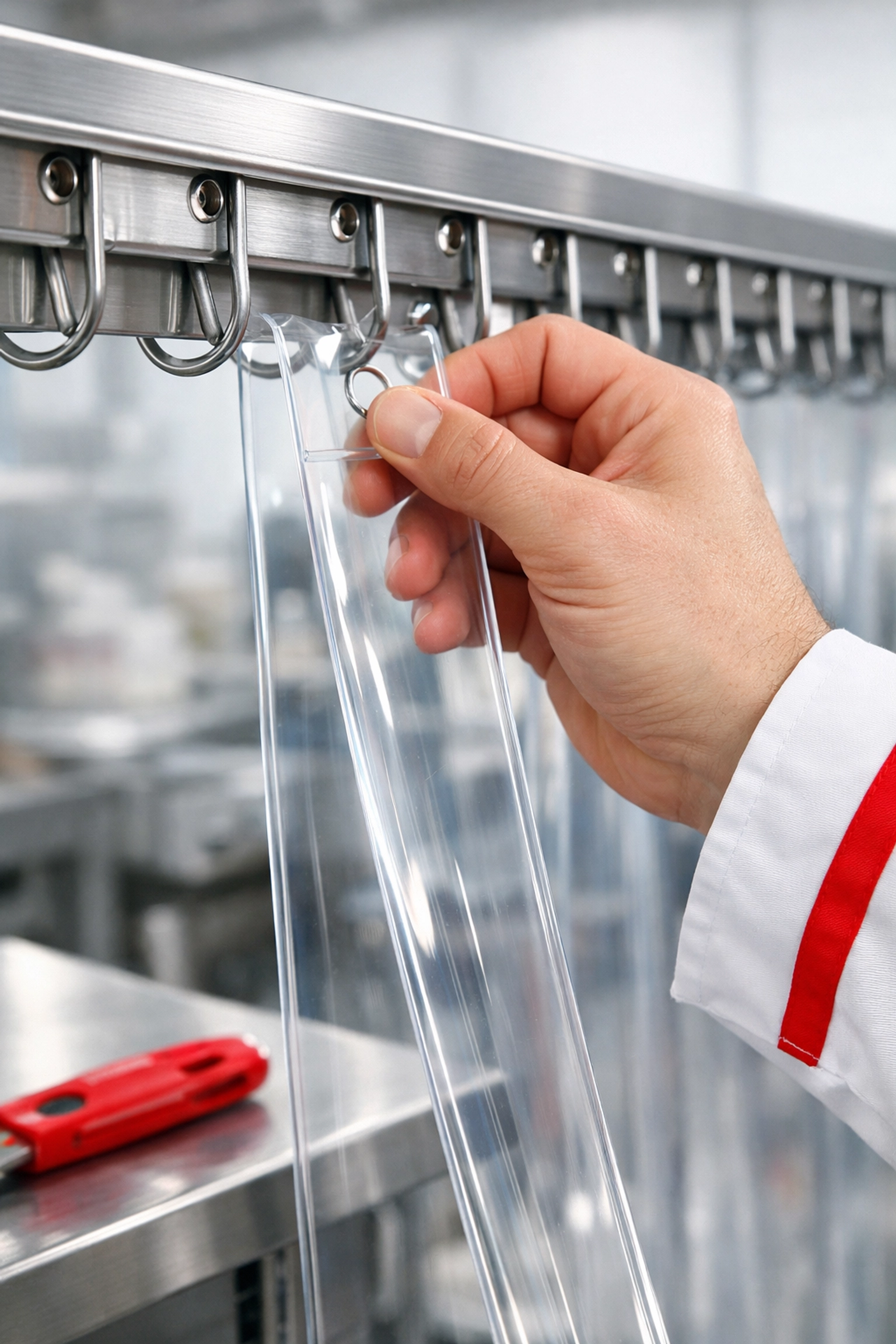Installing replacement PVC strips onto a stainless steel hook-on rail for easy kitchen maintenance.