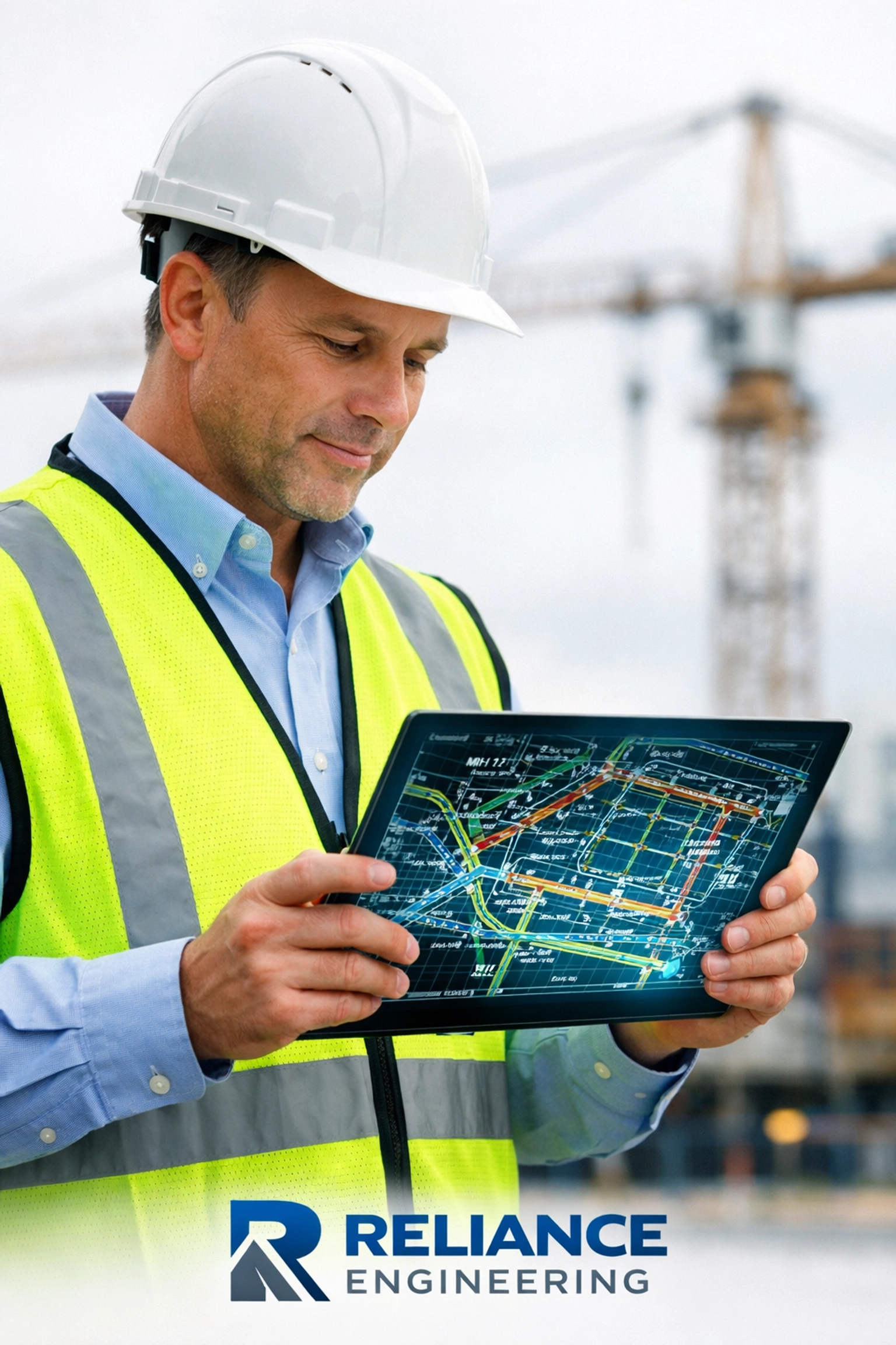 Civil engineer using a tablet to review a site servicing plan at a Toronto construction site.