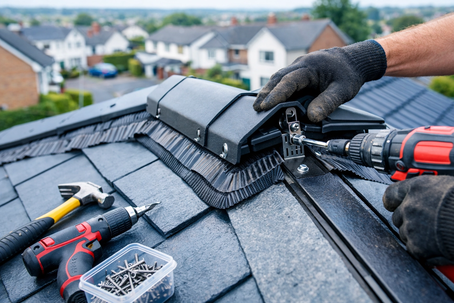 Roofer installing dry ridge system with mechanical fixings on Northern Ireland home