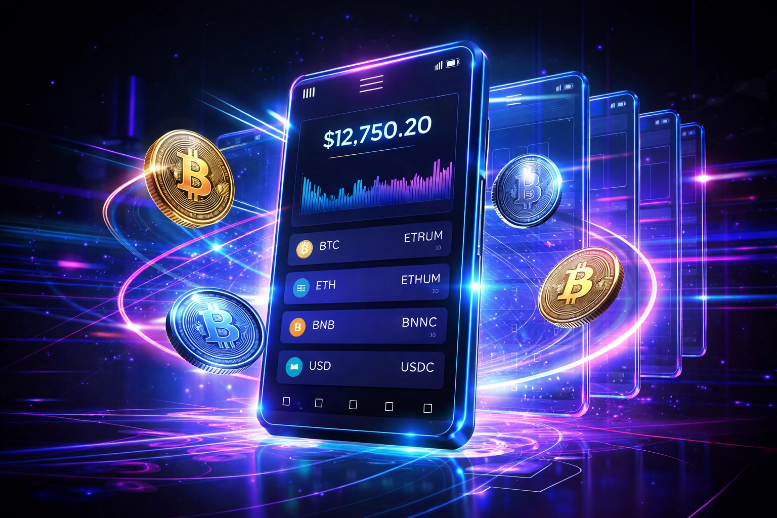 Digital wallet interface with crypto coins and sub-wallets showcasing Larecoin's self-custody and fee-saving features