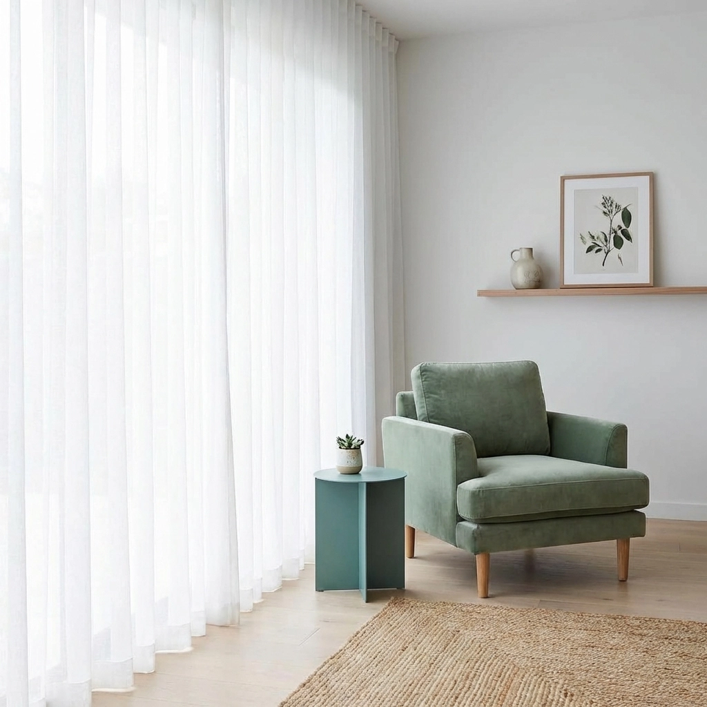 Minimalist living room with a sage green armchair, teal side table, and soft natural light, creating a calm, stress-free home.