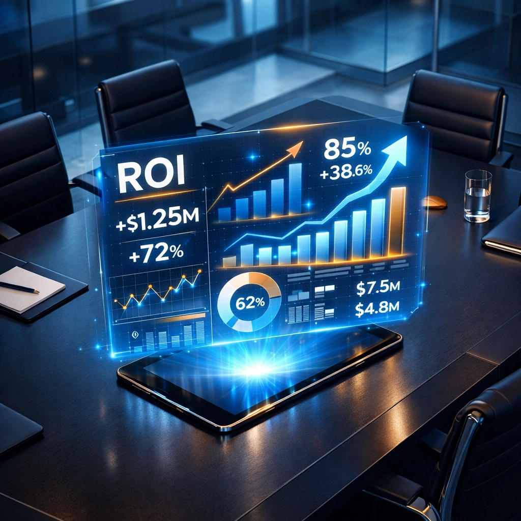 ServiceNow ROI dashboard displaying financial projections for board meeting presentation